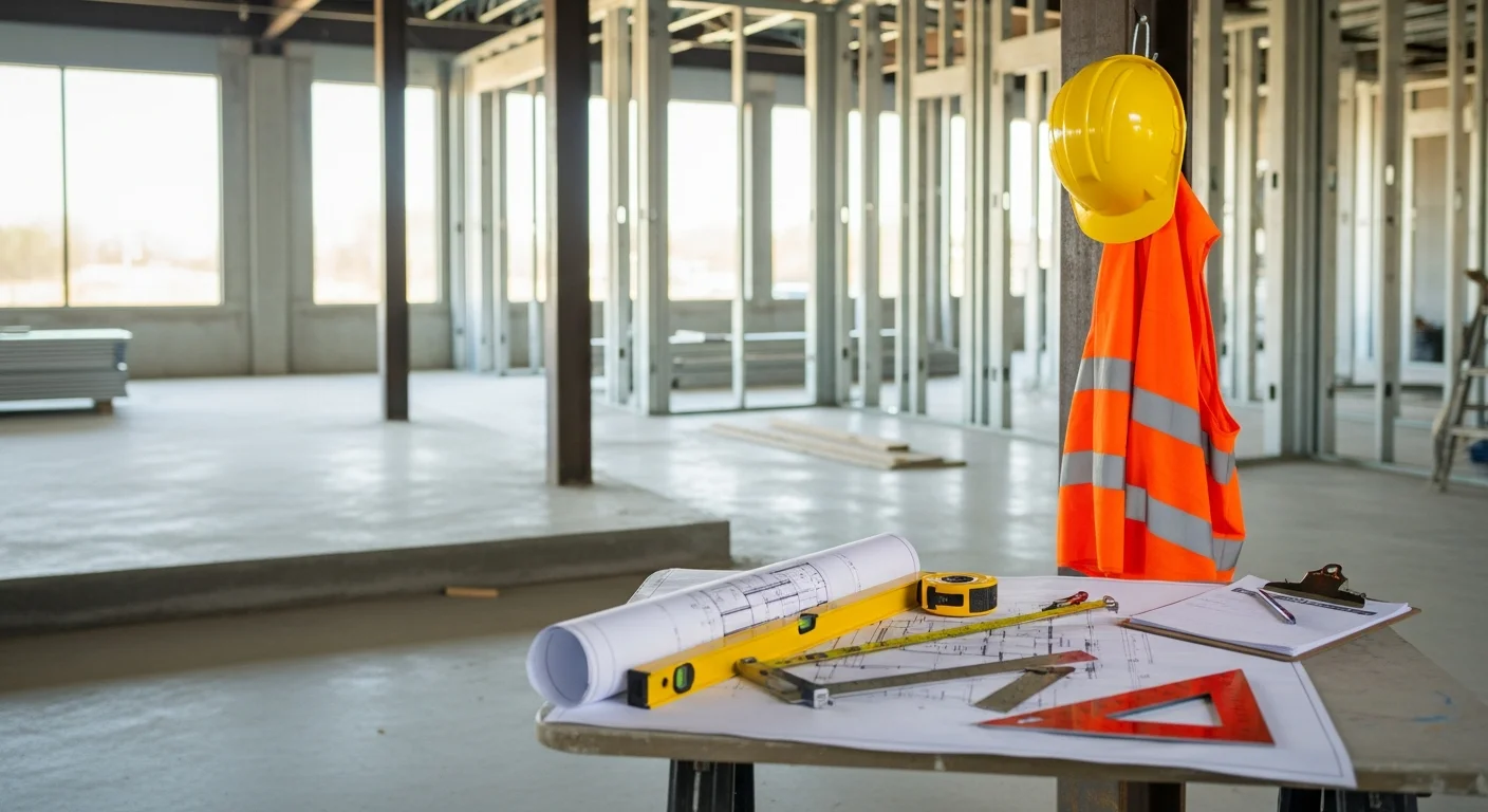 A commercial building under active construction in asdfas with steel framing and exterior work in progress. A general contractor crew from zxczxc coordinates work across multiple trades on the job site.