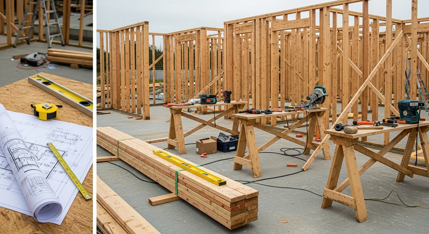 A newly framed custom build structure on a residential lot in asdfas, showing wood framing and foundation work in progress. A general contractor reviews plans on site with the structure visible in the background.