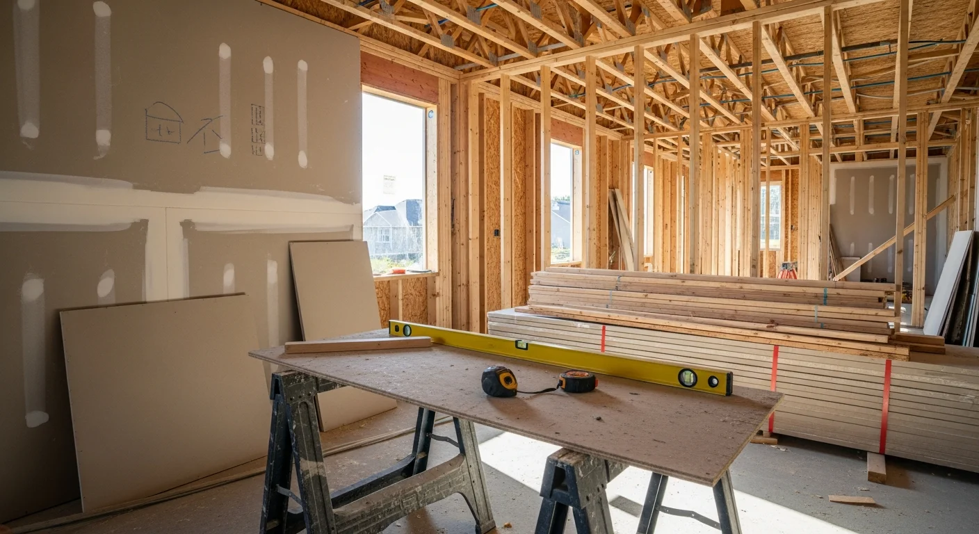 A general construction project in asdfas showing a residential structure mid-build with framed walls and a crew working on site. zxczxc general contractor signage visible near the work area.